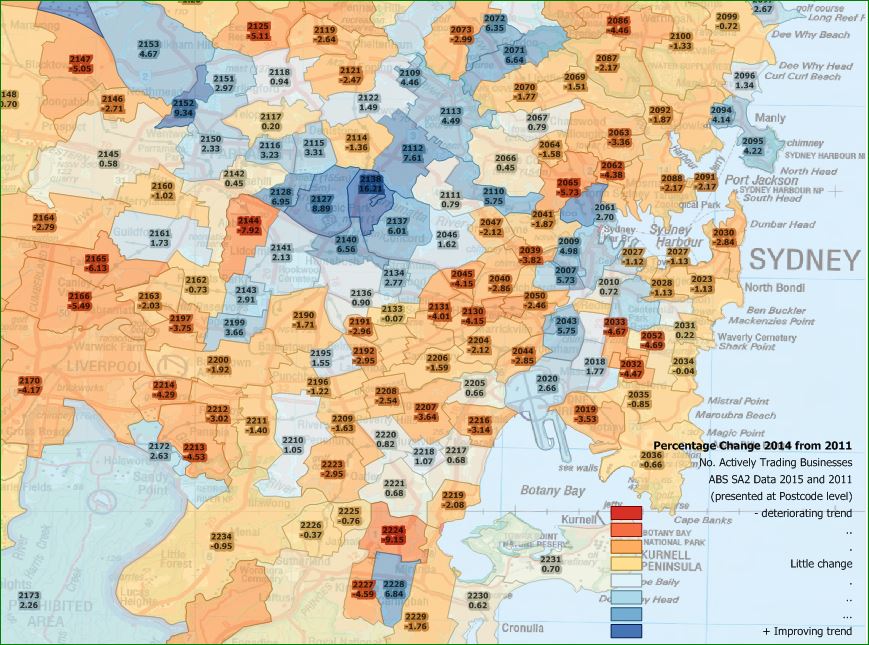 Business Counts by Postcode Area Over The Years Since 2011 Greater